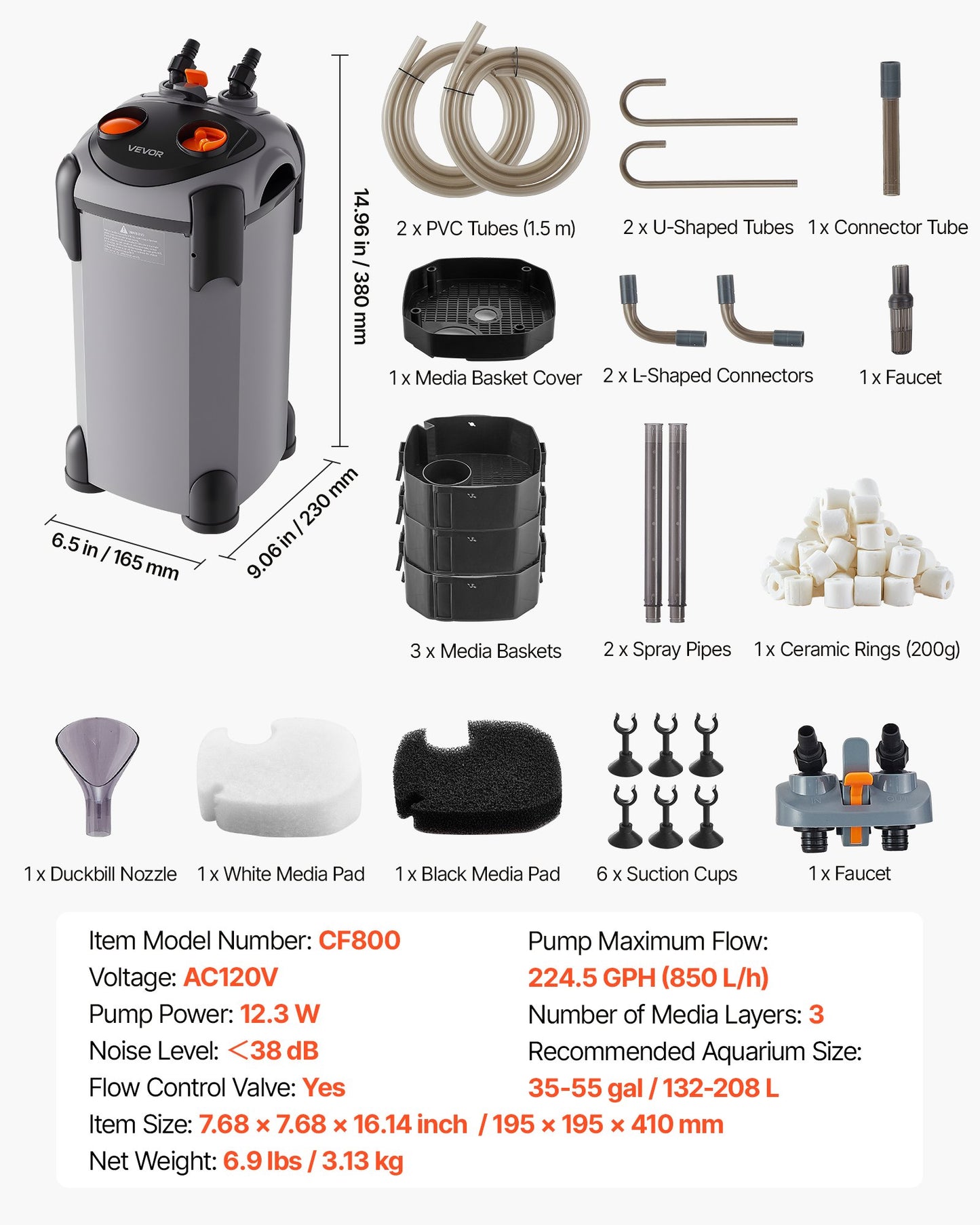 224.5GPH Canister Filter, 3-Stage External Aquarium Filter with Powerful Pump, Quite Water Circulation Cleaning Machine with Media for Fish Tanks and Aquariums Up to 55 Gallons, for Freshwater