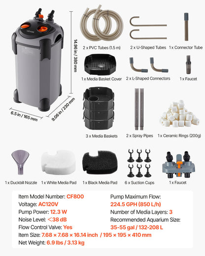 224.5GPH Canister Filter, 3-Stage External Aquarium Filter with Powerful Pump, Quite Water Circulation Cleaning Machine with Media for Fish Tanks and Aquariums Up to 55 Gallons, for Freshwater