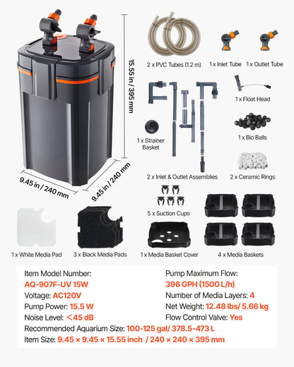 396GPH Canister Filter, 4-Stage External Aquarium Filter with Timed Light, Powerful Pump, Water Circulation Cleaning with Media for Large Fish Tanks & Aquariums Up to 125 Gallons, for Freshwater