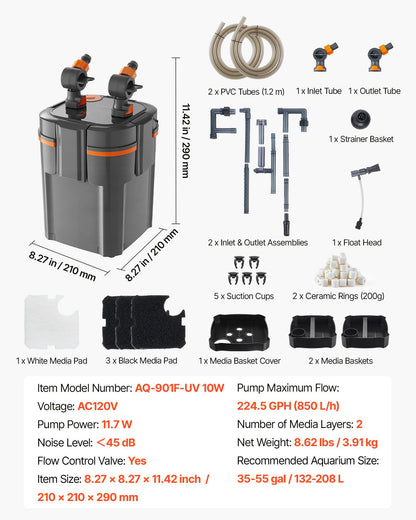 224.5GPH Canister Filter, 2-Stage External Aquarium Filter with Timed Light, Powerful Pump, Water Circulation Cleaning with Media for Large Fish Tanks & Aquariums Up to 55 Gallons, Freshwater