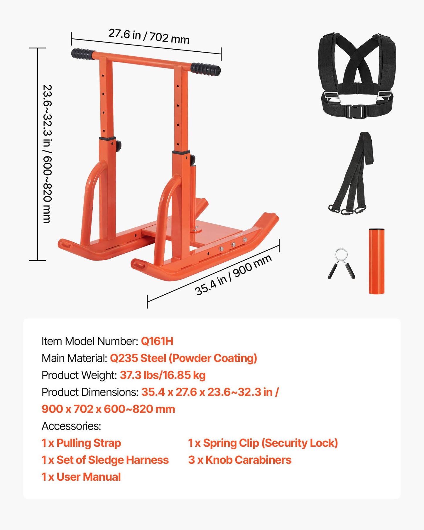 Weight Sled, Steel Power Sled, Fitness Training Sleds for Athletic Exercise Speed Improvement, Workout Equipment with Adjustable Height Handle, Compatible with 1/2 in Weight Plates, Orange