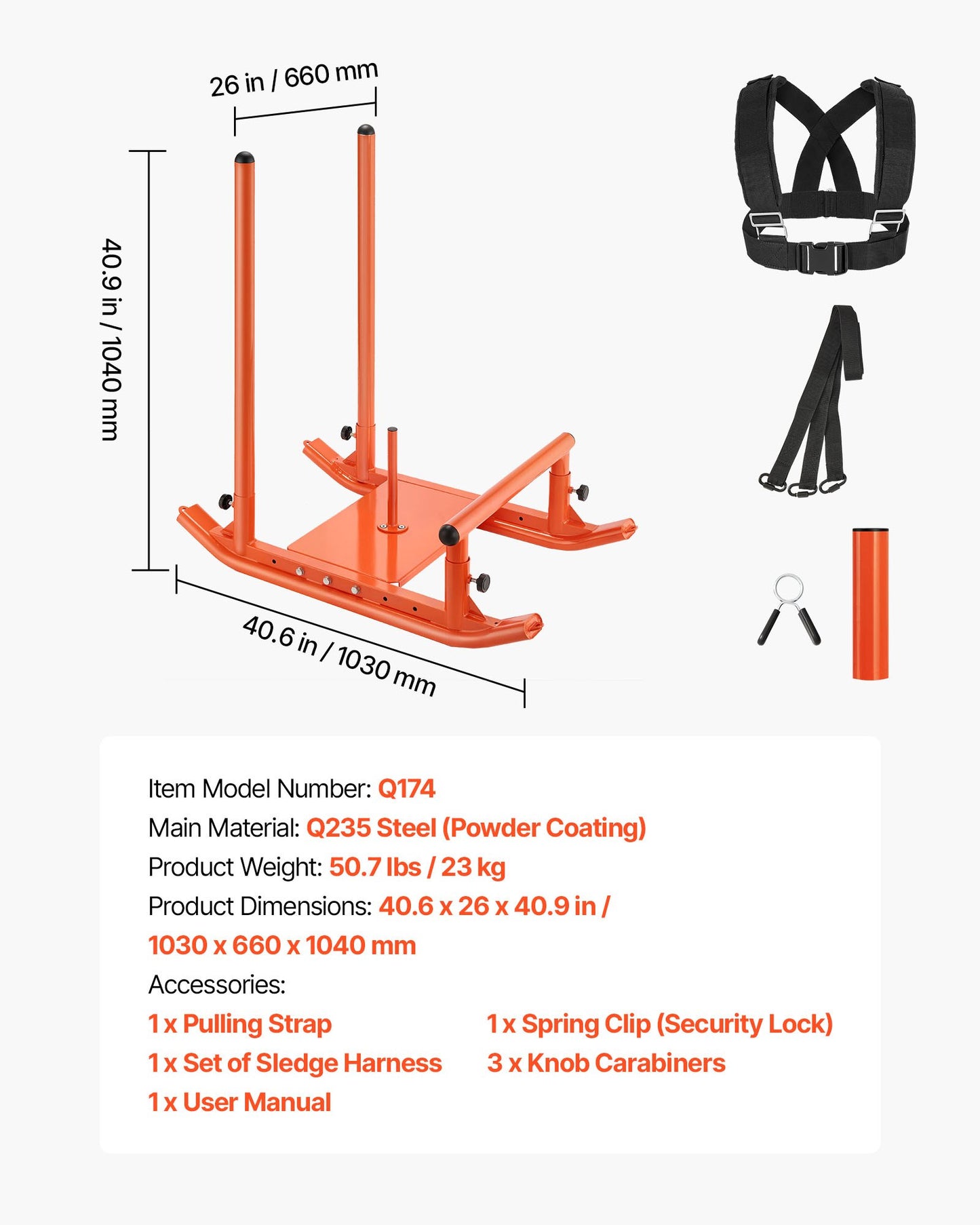 Weight Sled, Steel Power Sled, Fitness Strength Training Sleds for Athletic Exercise Speed Improvement, Workout Fitness Equipment with Handle, Compatible with 1/2 in Weight Plates, Orange