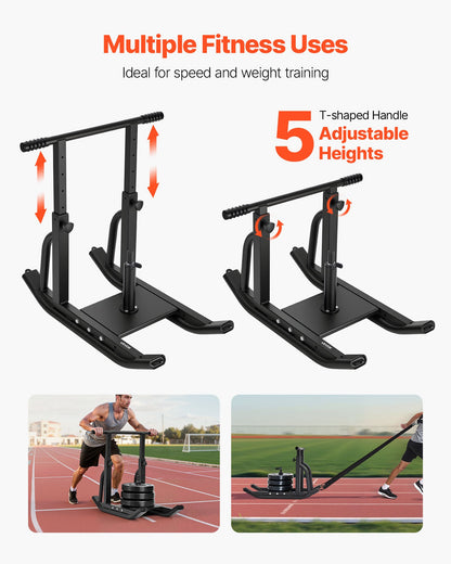 Weight Sled, Steel Power Sled, Fitness Training Sleds for Athletic Exercise Speed Improvement, Workout Equipment with Adjustable Height Handle, Compatible with 1/2 in Weight Plates, Black