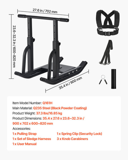 Weight Sled, Steel Power Sled, Fitness Training Sleds for Athletic Exercise Speed Improvement, Workout Equipment with Adjustable Height Handle, Compatible with 1/2 in Weight Plates, Black
