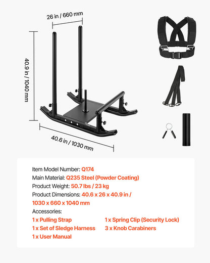 Weight Sled, Steel Power Sled, Fitness Strength Training Sleds for Athletic Exercise Speed Improvement, Workout Fitness Equipment with Handle, Compatible with 1/2 in Weight Plates, Black