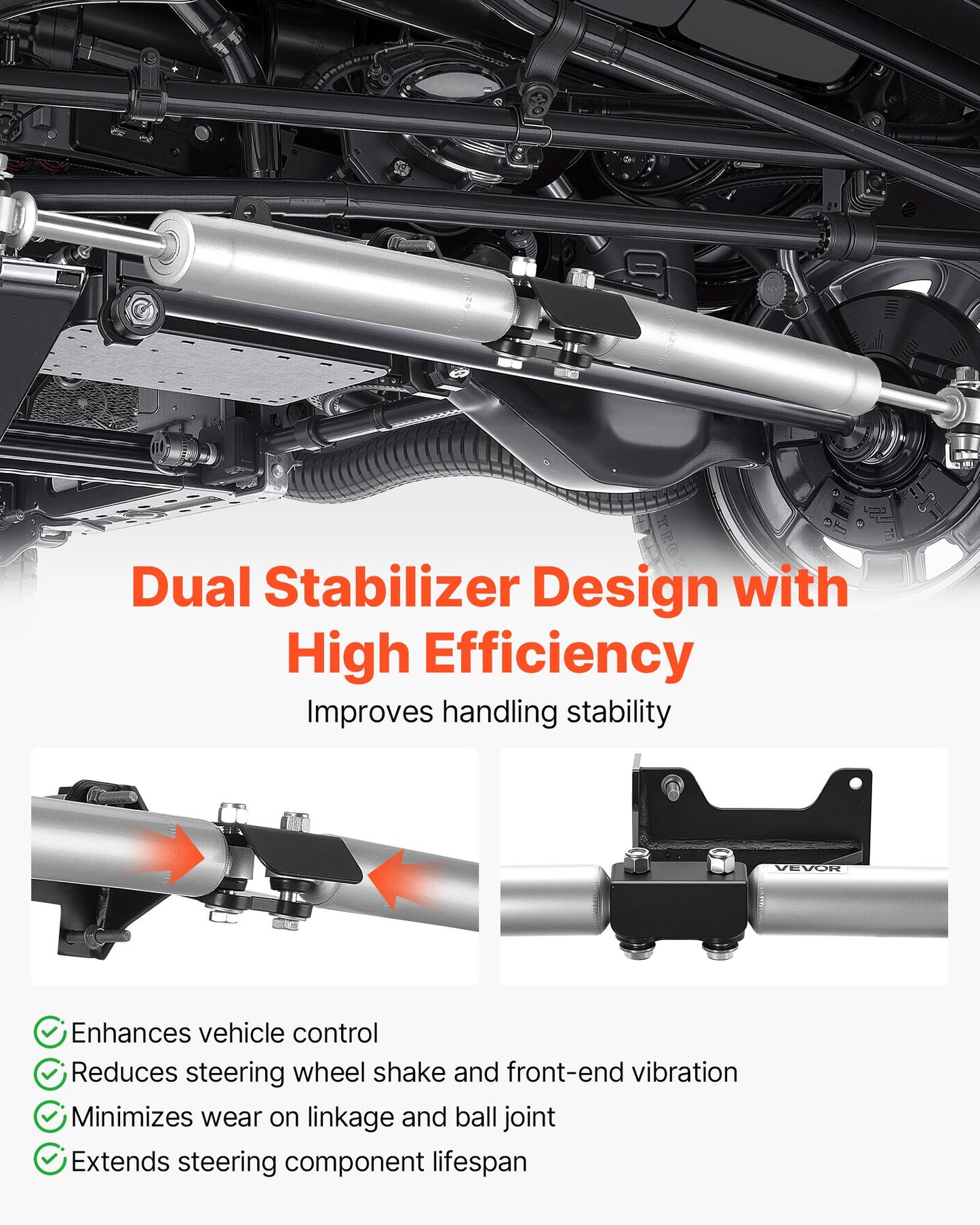 Dual Steering Stabilizer, for 2005-2024 Ford F-250/F-350 Super Duty 4WD, Dual Steering Stabilizer Kit Fits with 2 Inches of Suspension Lift or Higher, Enhanced Control and Reduced Vibration