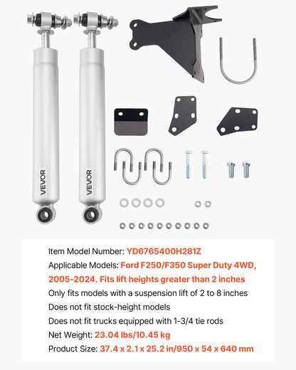 Dual Steering Stabilizer, for 2005-2024 Ford F-250/F-350 Super Duty 4WD, Dual Steering Stabilizer Kit Fits with 2 Inches of Suspension Lift or Higher, Enhanced Control and Reduced Vibration