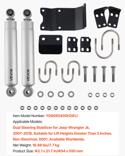 Dual Steering Stabilizer, for 2007-2018 Jeep Wrangler JK, Dual Steering Stabilizer Kit Fits with 2 Inches of Suspension Lift or Higher, Enhanced Control & Reduced Vibration, Easy Installation