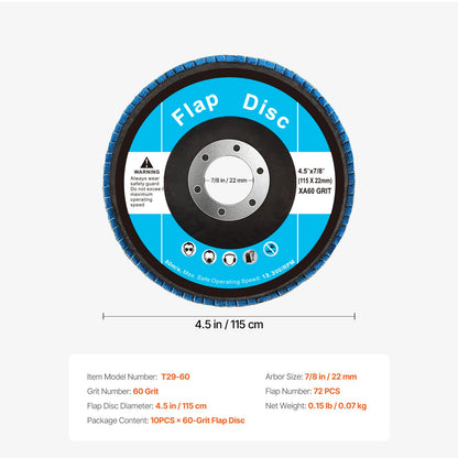 Flap Discs 60 Grit, 4-1/2" x 7/8" Flap Discs for Angle Grinder, Type 29 Zirconia Flap Sanding Disc, Bevel Type Abrasive Grinding Wheels for Deburring, Rust Removal, Sanding, Finishing (10 Pack)