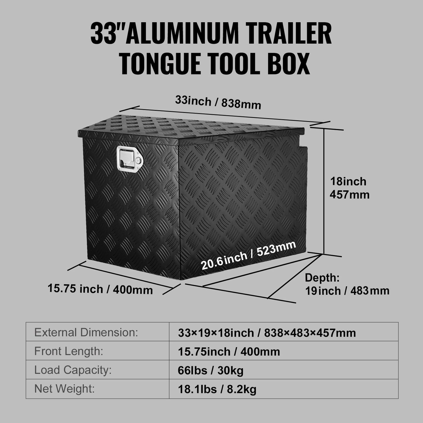 Trailer Tongue Box, Aluminum Alloy Diamond Plate Tongue Box Tool Chest, Heavy Duty Trailer Box Storage with Lock and Keys, Utility Trailer Tongue Box for Pickup Truck, RV, Trailer, 33"x19"x18"