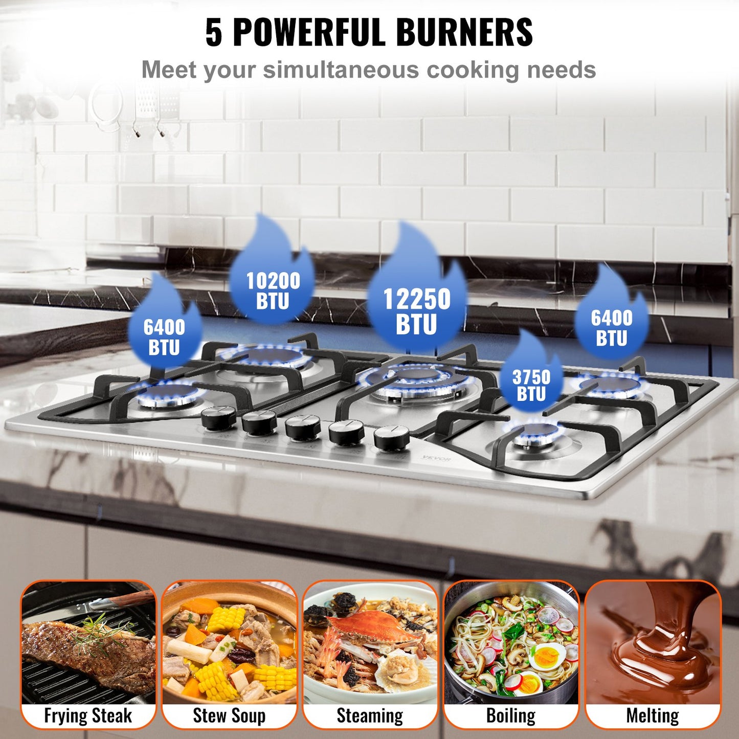 30-inch Gas Cooktop, 5 Burners Built-in Gas Stove Top, Max 12250BTU NG/LPG Convertible Stainless Steel Natural Gas Hob, with Thermocouple Protection for Camping, RV, Apartment