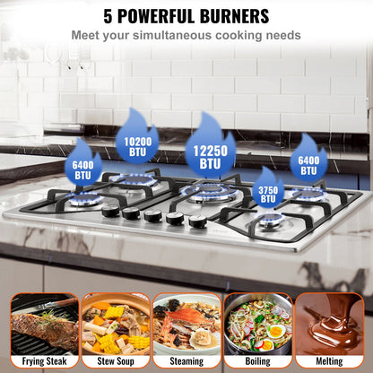 30-inch Gas Cooktop, 5 Burners Built-in Gas Stove Top, Max 12250BTU NG/LPG Convertible Stainless Steel Natural Gas Hob, with Thermocouple Protection for Camping, RV, Apartment