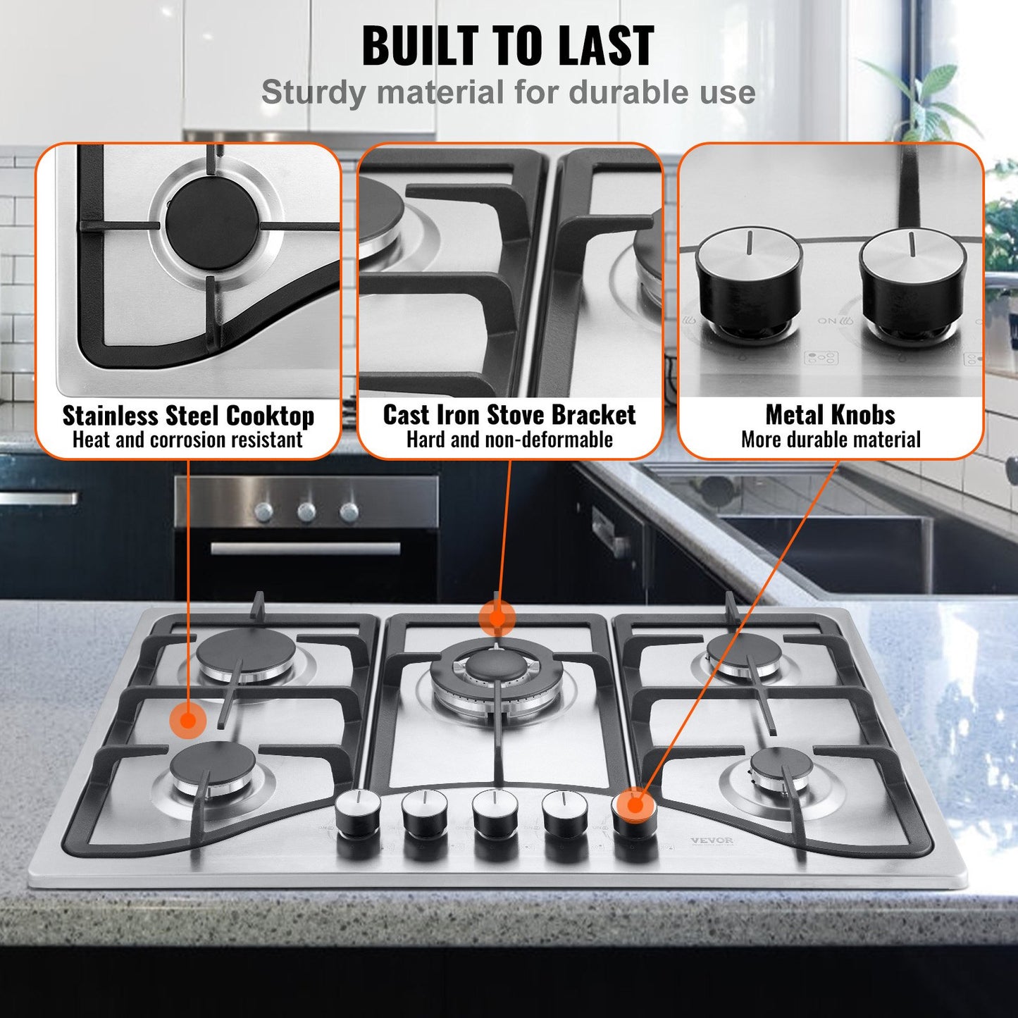 30-inch Gas Cooktop, 5 Burners Built-in Gas Stove Top, Max 12250BTU NG/LPG Convertible Stainless Steel Natural Gas Hob, with Thermocouple Protection for Camping, RV, Apartment
