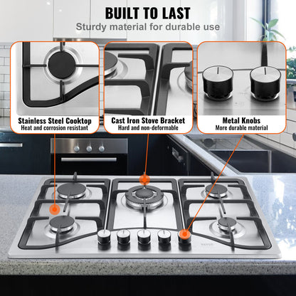 30-inch Gas Cooktop, 5 Burners Built-in Gas Stove Top, Max 12250BTU NG/LPG Convertible Stainless Steel Natural Gas Hob, with Thermocouple Protection for Camping, RV, Apartment