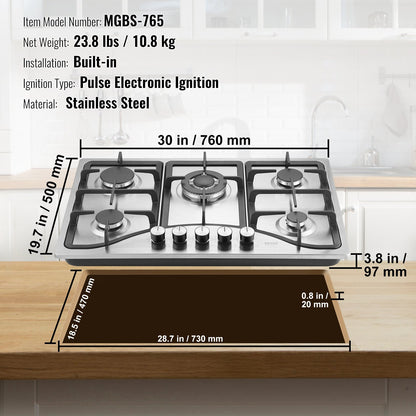 30-inch Gas Cooktop, 5 Burners Built-in Gas Stove Top, Max 12250BTU NG/LPG Convertible Stainless Steel Natural Gas Hob, with Thermocouple Protection for Camping, RV, Apartment
