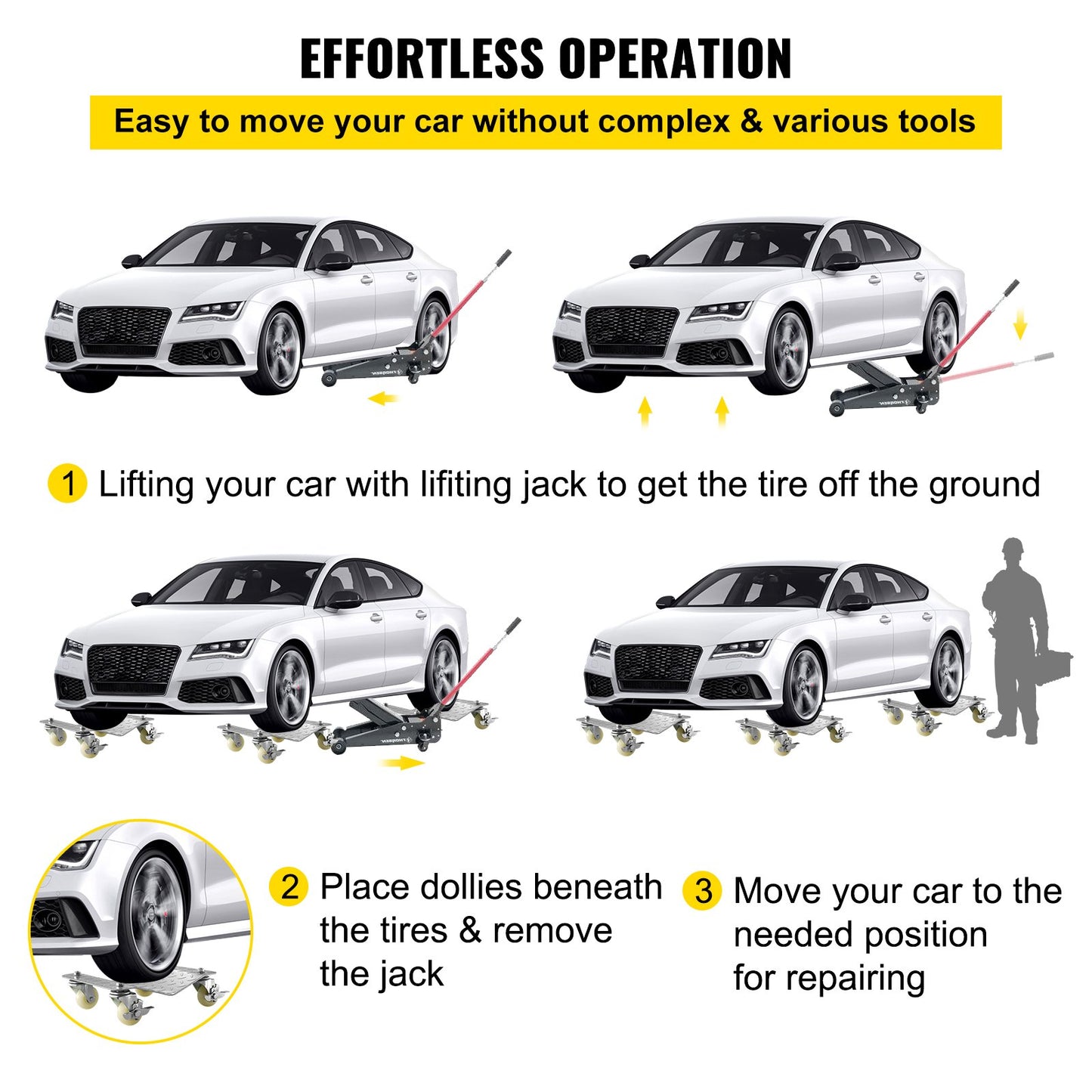 2pcs Tire Wheel Jacks, 1500Lbs/680KG Tire Skates Wheeled Trucks Van Positioning Dolly Trolley Ball Bearing Recovery Jack Car Repairs Moving