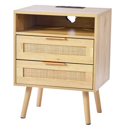 Rattan Nightstand, Boho Bedside Table with Open Shelf 2 Drawers, Rattan End Table Nightstand with Solid Wood Legs, Rattan Bedside Table with Charging Station, for Bedroom, Study & Living Room