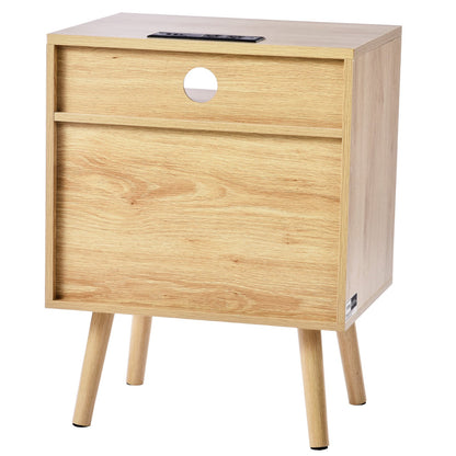 Rattan Nightstand, Boho Bedside Table with Open Shelf 2 Drawers, Rattan End Table Nightstand with Solid Wood Legs, Rattan Bedside Table with Charging Station, for Bedroom, Study & Living Room