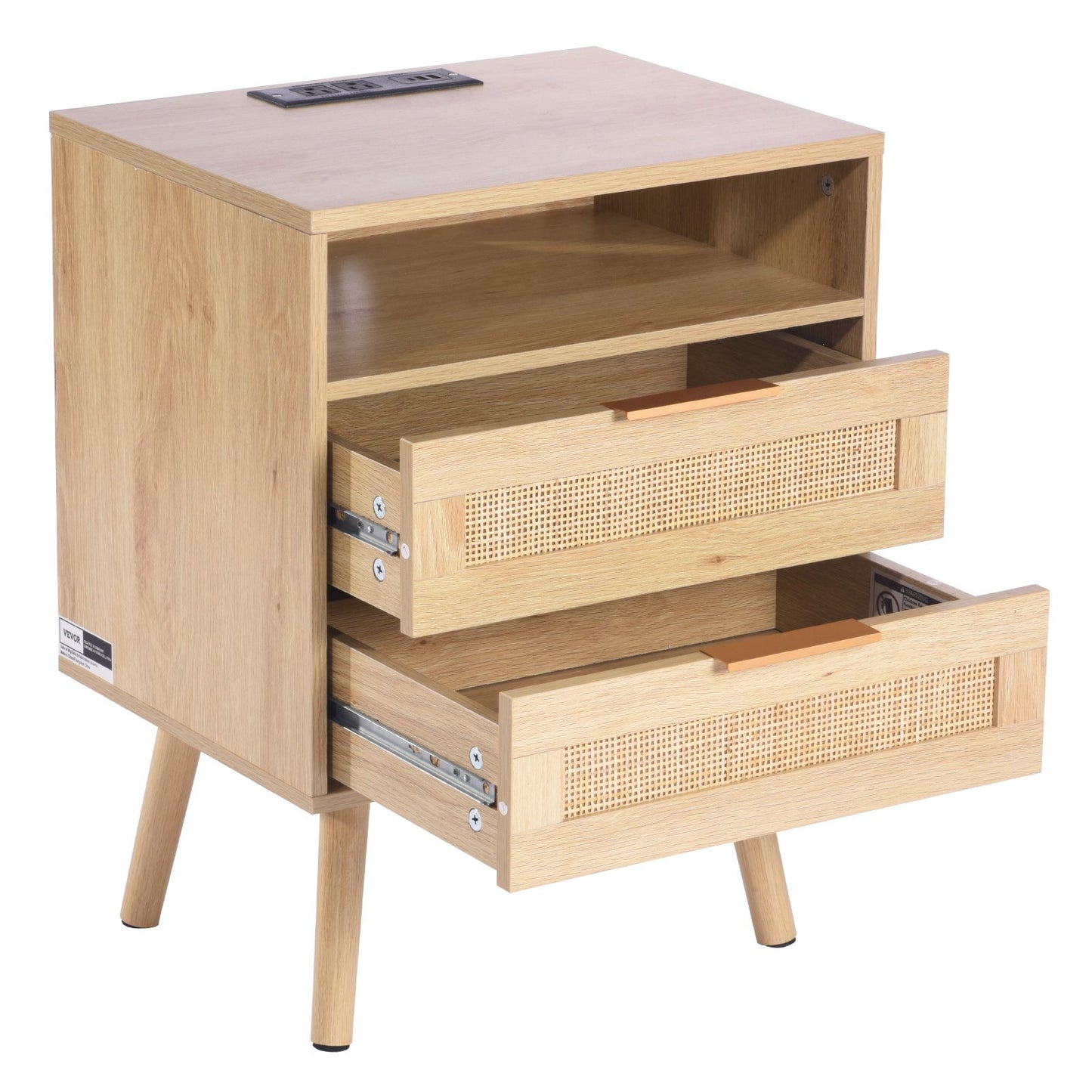 Rattan Nightstand, Boho Bedside Table with Open Shelf 2 Drawers, Rattan End Table Nightstand with Solid Wood Legs, Rattan Bedside Table with Charging Station, for Bedroom, Study & Living Room