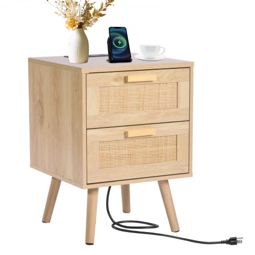 Rattan Nightstand, Boho Bedside Table with 2 Drawers, Rattan End Table Nightstand with Solid Wood Legs, Rattan Bedside Table with Charging Station, for Bedroom, Study & Living Room