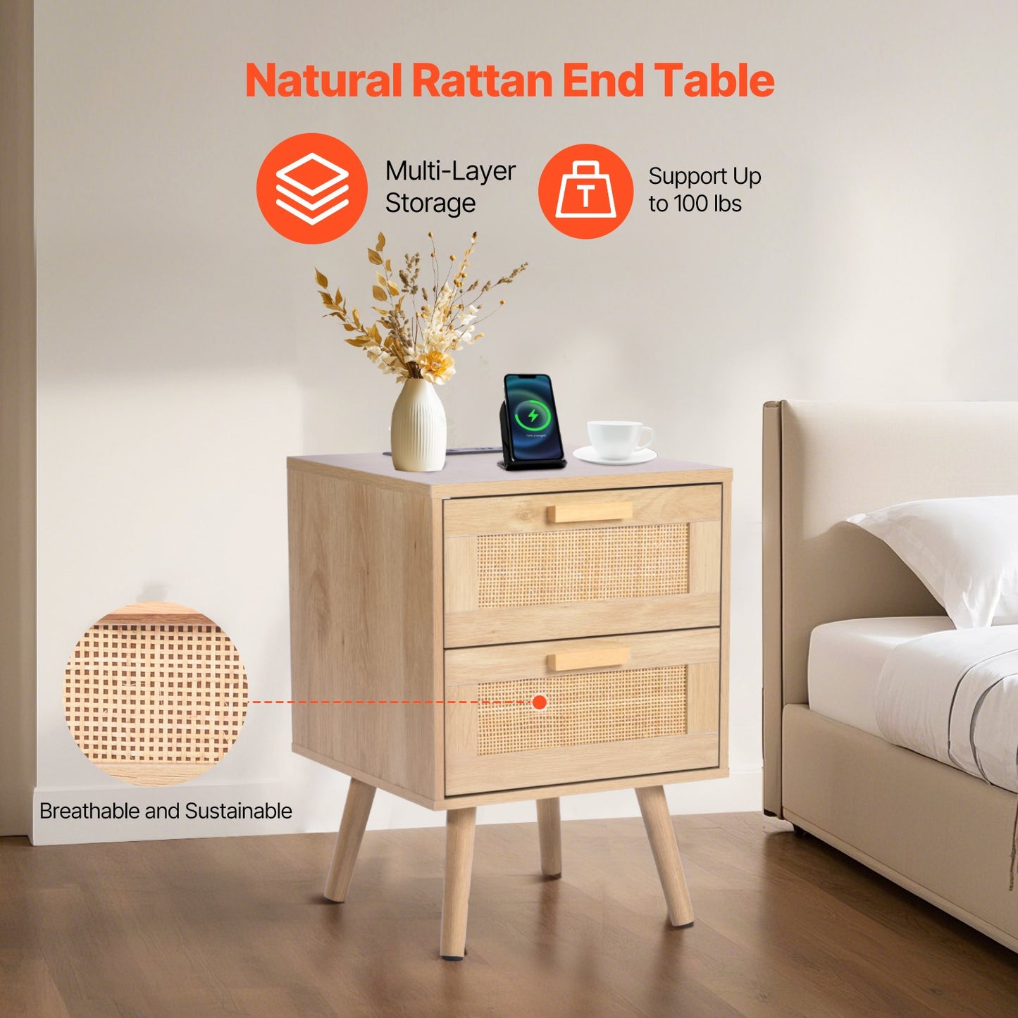 Rattan Nightstand, Boho Bedside Table with 2 Drawers, Rattan End Table Nightstand with Solid Wood Legs, Rattan Bedside Table with Charging Station, for Bedroom, Study & Living Room
