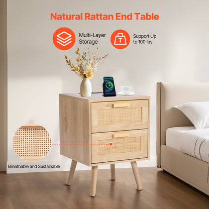 Rattan Nightstand, Boho Bedside Table with 2 Drawers, Rattan End Table Nightstand with Solid Wood Legs, Rattan Bedside Table with Charging Station, for Bedroom, Study & Living Room