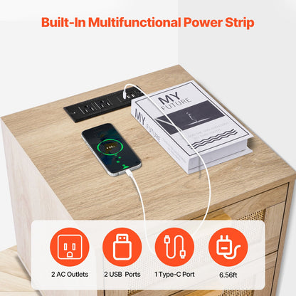 Rattan Nightstand, Boho Bedside Table with 2 Drawers, Rattan End Table Nightstand with Solid Wood Legs, Rattan Bedside Table with Charging Station, for Bedroom, Study & Living Room