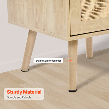 Rattan Nightstand, Boho Bedside Table with 2 Drawers, Rattan End Table Nightstand with Solid Wood Legs, Rattan Bedside Table with Charging Station, for Bedroom, Study & Living Room