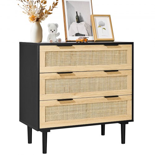 3 Drawer Rattan Dresser, Natural Rattan Closet Dresser with 3 Drawers, Modern Wood Chest Clothing Organizer & Storage Boho Dresser with Sturdy Handles & Legs, for Bedroom, Living Room & Hallway