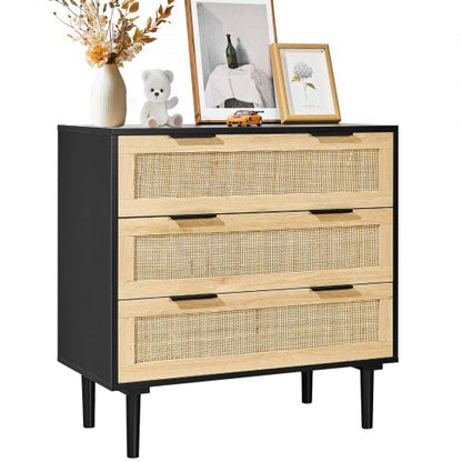 3 Drawer Rattan Dresser, Natural Rattan Closet Dresser with 3 Drawers, Modern Wood Chest Clothing Organizer & Storage Boho Dresser with Sturdy Handles & Legs, for Bedroom, Living Room & Hallway