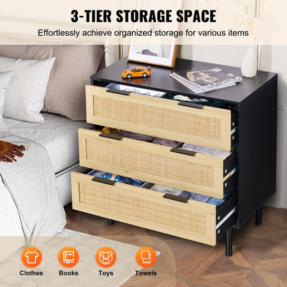 3 Drawer Rattan Dresser, Natural Rattan Closet Dresser with 3 Drawers, Modern Wood Chest Clothing Organizer & Storage Boho Dresser with Sturdy Handles & Legs, for Bedroom, Living Room & Hallway
