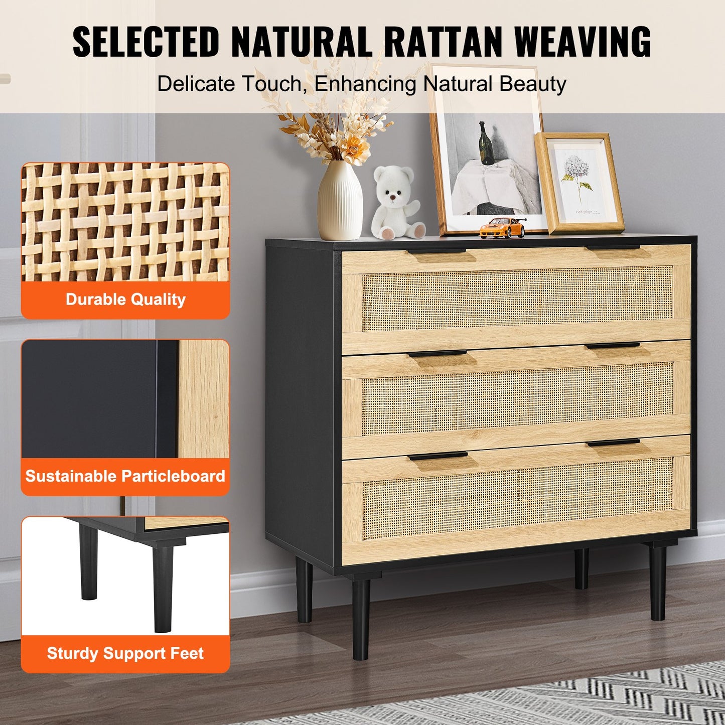 3 Drawer Rattan Dresser, Natural Rattan Closet Dresser with 3 Drawers, Modern Wood Chest Clothing Organizer & Storage Boho Dresser with Sturdy Handles & Legs, for Bedroom, Living Room & Hallway
