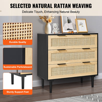 3 Drawer Rattan Dresser, Natural Rattan Closet Dresser with 3 Drawers, Modern Wood Chest Clothing Organizer & Storage Boho Dresser with Sturdy Handles & Legs, for Bedroom, Living Room & Hallway