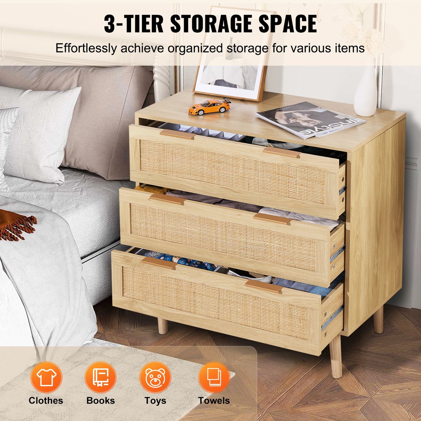 3 Drawer Rattan Dresser, Natural Rattan Closet Dresser with 3 Drawers, Modern Wood Chest Clothing Organizer & Storage Boho Dresser with Sturdy Handles & Legs, for Bedroom, Living Room & Hallway