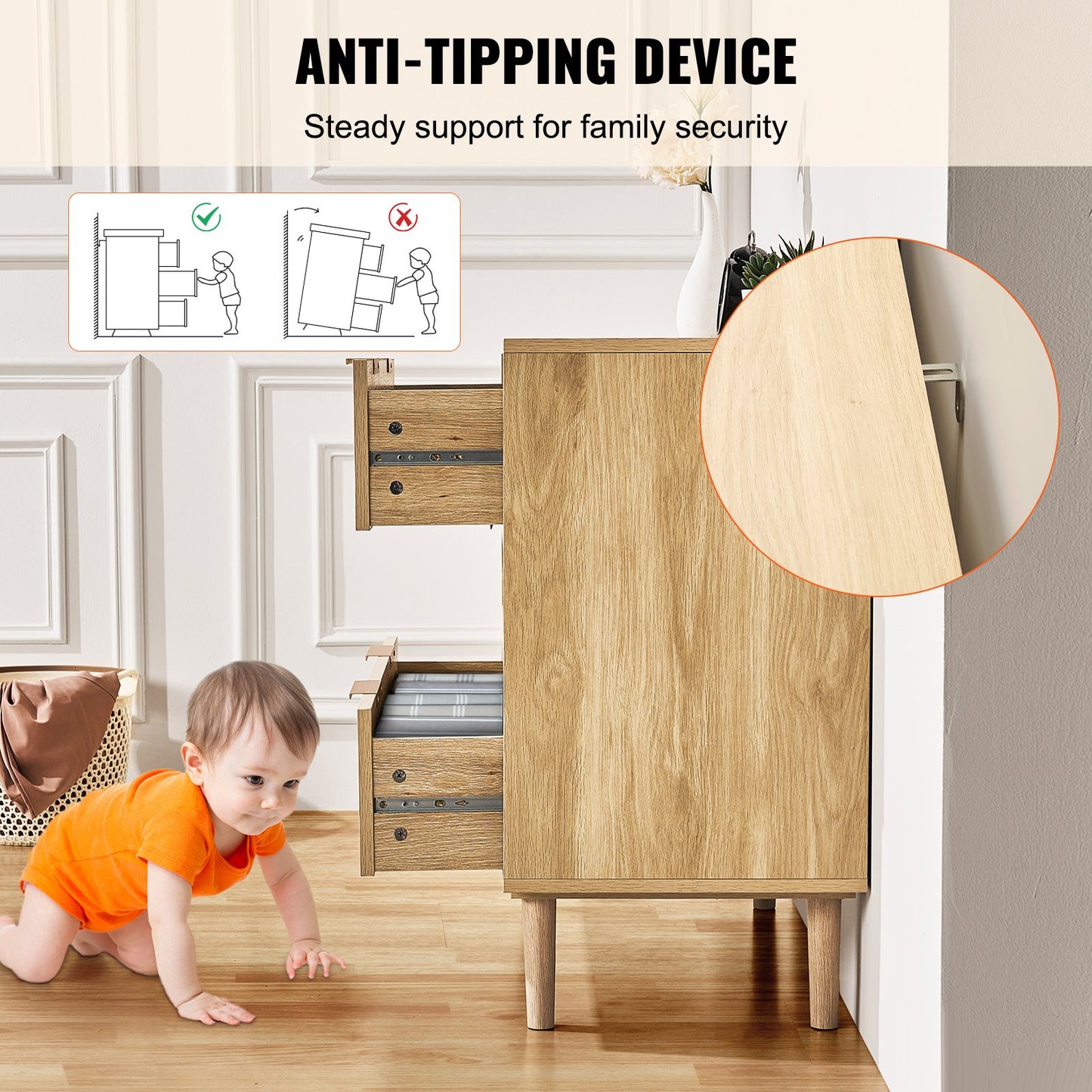 3 Drawer Rattan Dresser, Natural Rattan Closet Dresser with 3 Drawers, Modern Wood Chest Clothing Organizer & Storage Boho Dresser with Sturdy Handles & Legs, for Bedroom, Living Room & Hallway