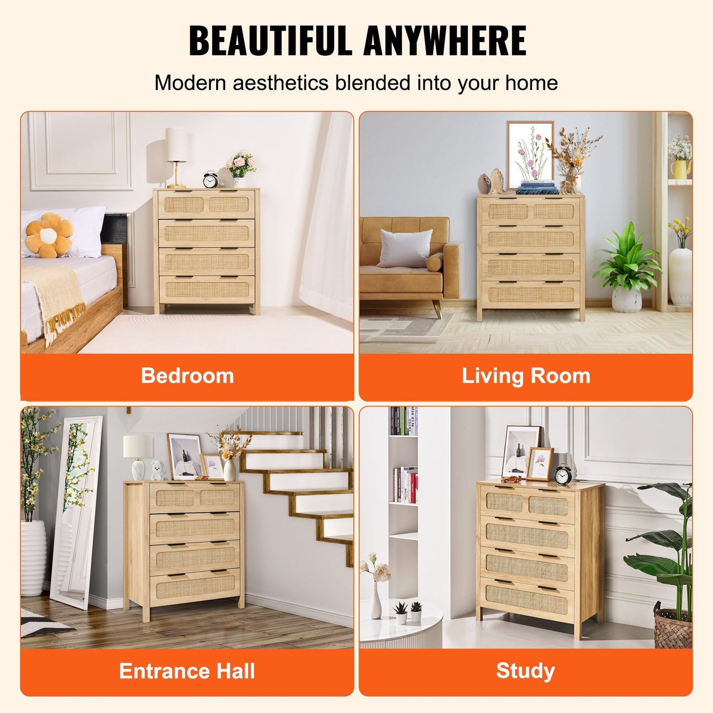 4 Drawer Rattan Dresser, Boho Dresser, Rattan Chest of Drawers with Spacious Storage, Natural Rattan Dresser for Bedroom, Living Room & Hallway,Rattan Nightstand with Sturdy Handles&Legs, Brown