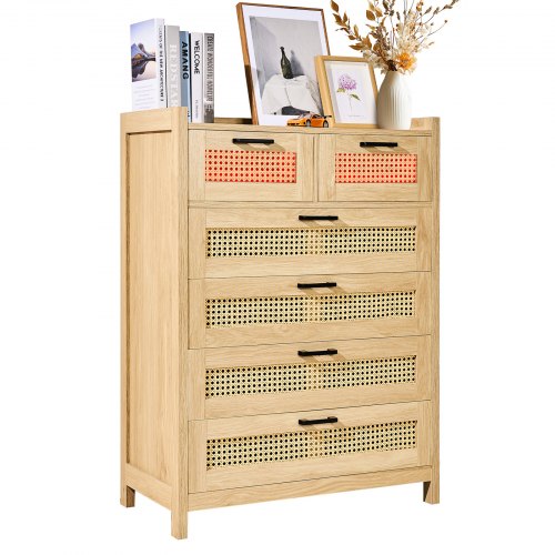 5 Drawer Rattan Dresser, Boho Dresser, Rattan Chest of Drawers with Spacious Storage, Natural Rattan Dresser for Bedroom, Living Room & Hallway,Rattan Nightstand with Sturdy Handles&Legs, Brown