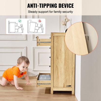 5 Drawer Rattan Dresser, Boho Dresser, Rattan Chest of Drawers with Spacious Storage, Natural Rattan Dresser for Bedroom, Living Room & Hallway,Rattan Nightstand with Sturdy Handles&Legs, Brown