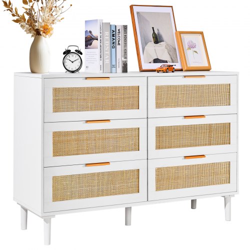 6 Drawer Rattan Dresser, Boho Dresser, Rattan Chest of Drawers with Spacious Storage, Natural Rattan Dresser for Bedroom, Living Room & Hallway,Rattan Nightstand with Sturdy Handles&Legs, White