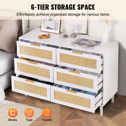 6 Drawer Rattan Dresser, Boho Dresser, Rattan Chest of Drawers with Spacious Storage, Natural Rattan Dresser for Bedroom, Living Room & Hallway,Rattan Nightstand with Sturdy Handles&Legs, White