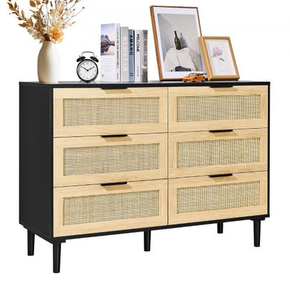 6 Drawer Rattan Dresser, Natural Rattan Closet Dresser with 6 Drawers, Modern Wood Chest Clothing Organizer & Storage Boho Dresser with Sturdy Handles & Legs, for Bedroom, Living Room & Hallway