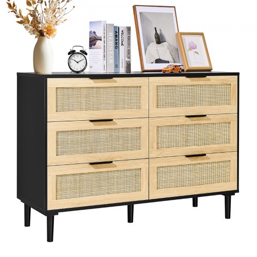6 Drawer Rattan Dresser, Natural Rattan Closet Dresser with 6 Drawers, Modern Wood Chest Clothing Organizer & Storage Boho Dresser with Sturdy Handles & Legs, for Bedroom, Living Room & Hallway