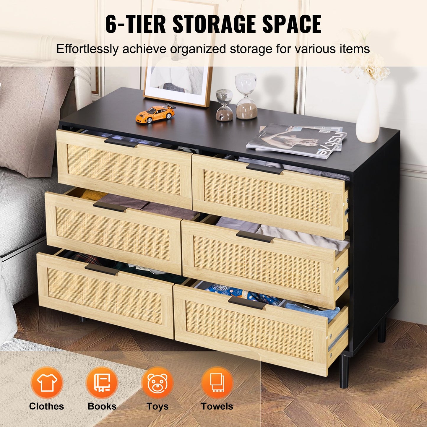 6 Drawer Rattan Dresser, Natural Rattan Closet Dresser with 6 Drawers, Modern Wood Chest Clothing Organizer & Storage Boho Dresser with Sturdy Handles & Legs, for Bedroom, Living Room & Hallway