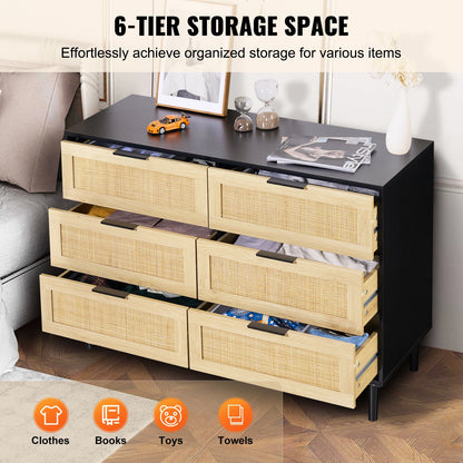 6 Drawer Rattan Dresser, Natural Rattan Closet Dresser with 6 Drawers, Modern Wood Chest Clothing Organizer & Storage Boho Dresser with Sturdy Handles & Legs, for Bedroom, Living Room & Hallway