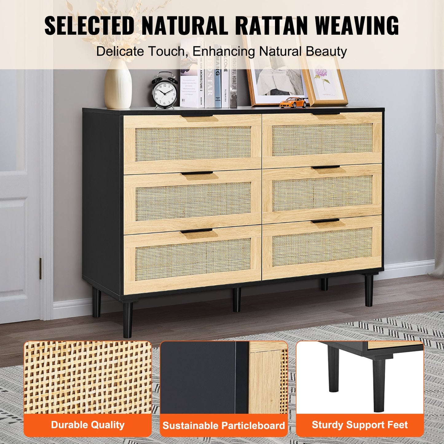 6 Drawer Rattan Dresser, Natural Rattan Closet Dresser with 6 Drawers, Modern Wood Chest Clothing Organizer & Storage Boho Dresser with Sturdy Handles & Legs, for Bedroom, Living Room & Hallway
