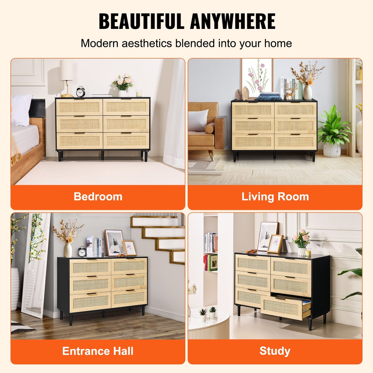 6 Drawer Rattan Dresser, Natural Rattan Closet Dresser with 6 Drawers, Modern Wood Chest Clothing Organizer & Storage Boho Dresser with Sturdy Handles & Legs, for Bedroom, Living Room & Hallway