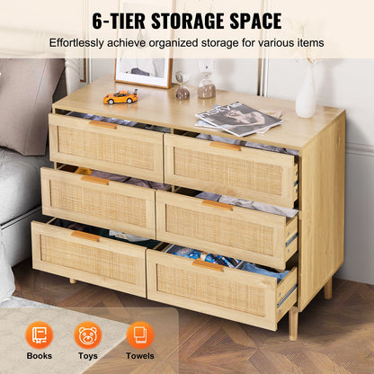 Rattan-Kommode mit Schubladen, natürlicher Rattan-Kleiderschrank, Kommode mit 6 Schubladen für Schlafzimmer