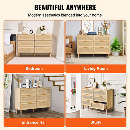 Rattan-Kommode mit Schubladen, natürlicher Rattan-Kleiderschrank, Kommode mit 6 Schubladen für Schlafzimmer