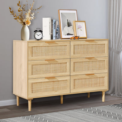 6 Drawer Rattan Dresser, Boho Dresser, Rattan Chest of Drawers with Spacious Storage, Natural Rattan Dresser for Bedroom, Living Room & Hallway,Rattan Nightstand with Sturdy Handles&Legs, Brown