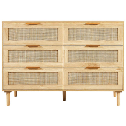 6 Drawer Rattan Dresser, Boho Dresser, Rattan Chest of Drawers with Spacious Storage, Natural Rattan Dresser for Bedroom, Living Room & Hallway,Rattan Nightstand with Sturdy Handles&Legs, Brown